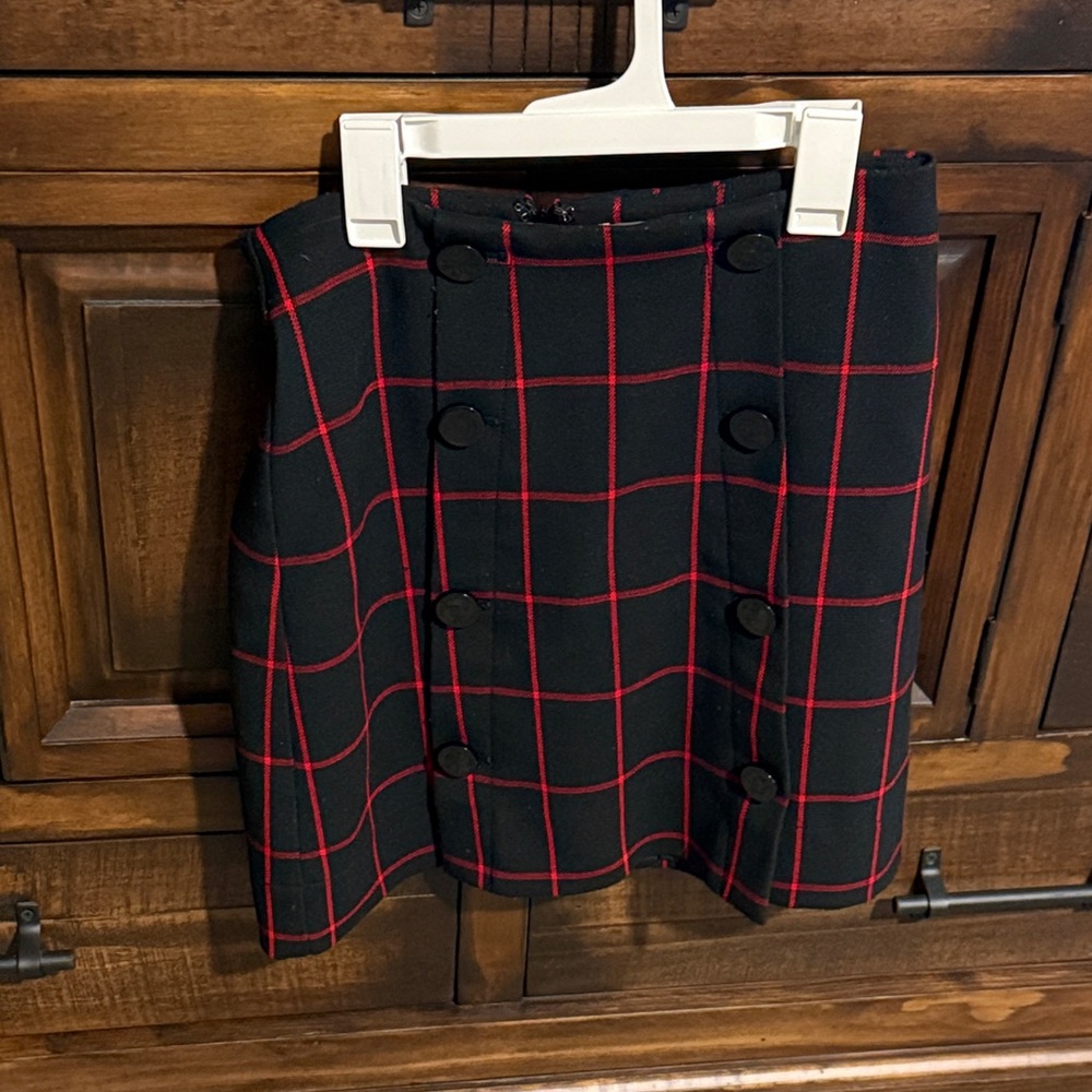 LOFT Black and Red Checkered Mini Skirt
